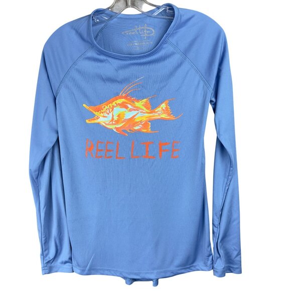 Reel Life Other - Reel Life T-Shirt Adults M Blue Long Sleeve Orange Fish Graphic